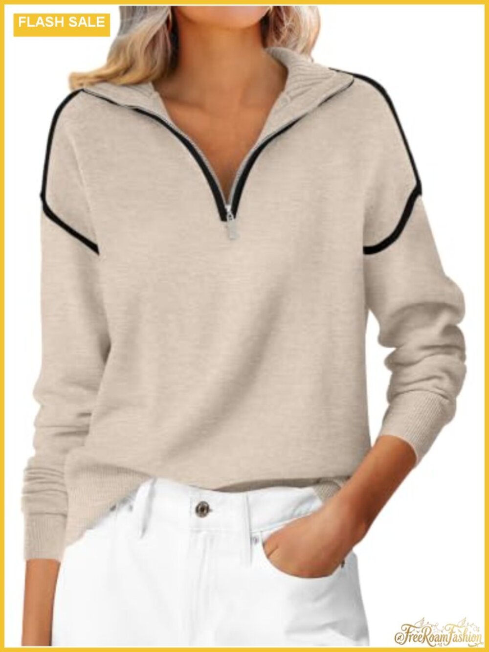 Women's Quarter Zip Pullover Sweater Loose Knit V Neck Collared Long Sleeve